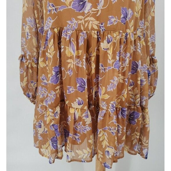 Altar'd State Dress Womens S Brown Floral Tiered Peasant Sleeve Mini Boho Puff - Picture 4 of 10